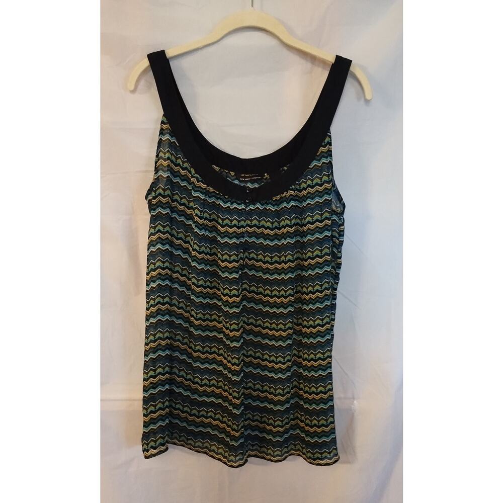 New York Co. Blue Green Black Chevron Stripe Sleeveless Sheer Women's Top Size L